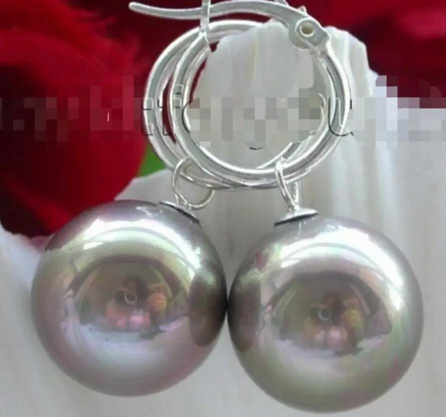 Natural 16mm Brown Round Shell Pearl Earrings 925 hook