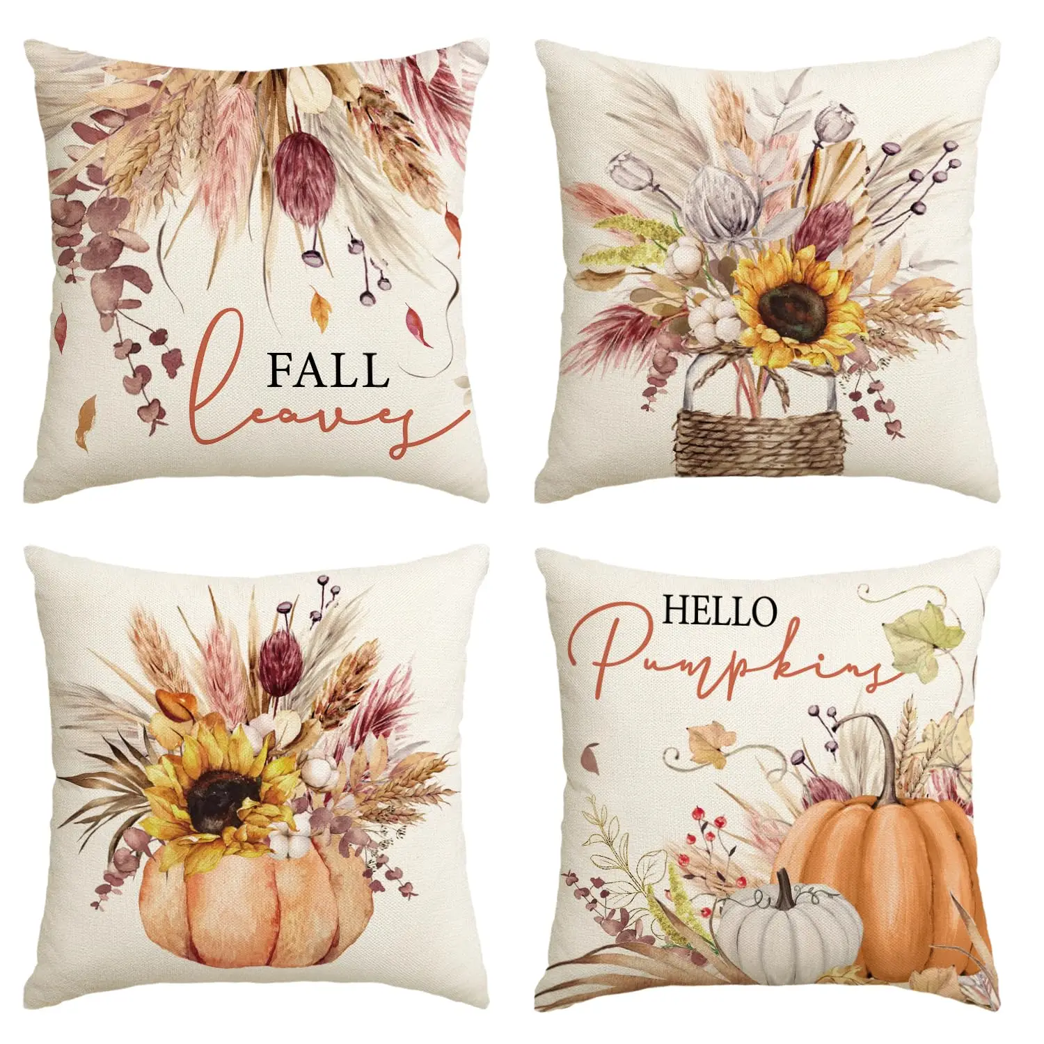 

Thanksgiving Throw Pillow Covers,Fall Pumpkin Wheat Cotton Jar,18x18 Inch,Seasonal Cushion Case for Sofa,Couch, Autumn, Set of 4