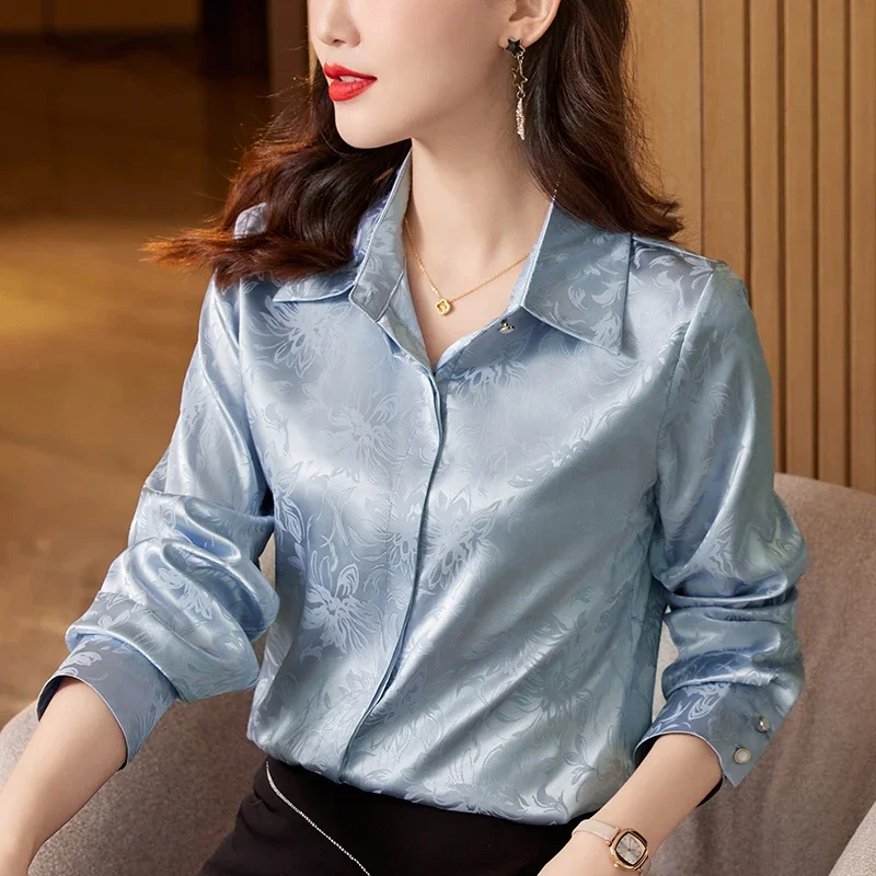

Satin Jacquard Women's Shirts Loose Casual Blouses Ladies Clothing Spring/Summer Fashion Long Sleeves Women Tops YCMYUNYAN