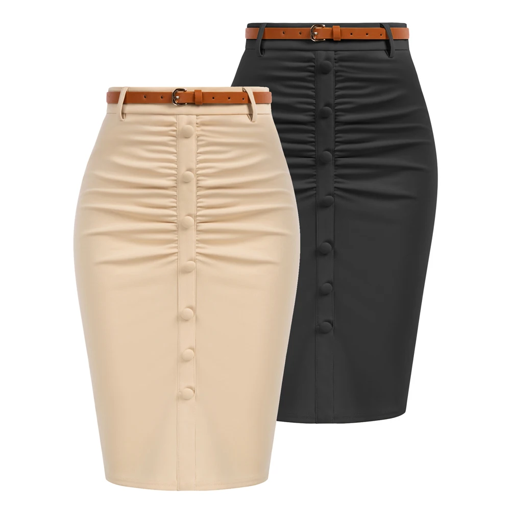 

BP Vintage 2pcs Ruched Skirt With Belt High Waist Hips-wrapped Front Slit Slim Fit Button Decor Stylish Pencil Skirt Casual