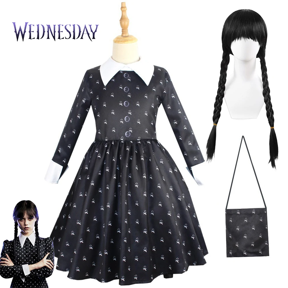 

Wednesday Addams Cosplay Dress Costume Wig Bag Children Peter Pan Collar Kids Fantasy Spring Autumn Flared Skater Girls Dress