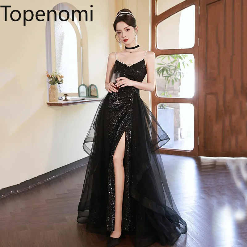 

Topenomi Black Shinny Sequins Sling Evening Dress Women Sexy Split Party Wedding Dresses Fashion Mesh Tiered Quinceanera Gown