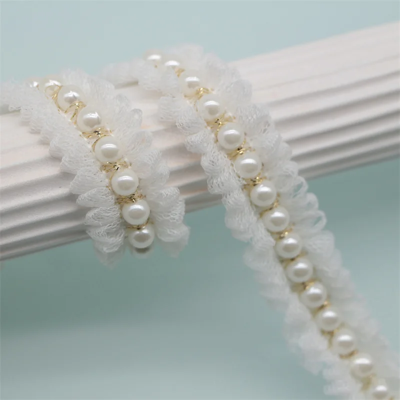 2CM Wide White Mesh Pleated Fabric Glitter Beaded Fringe Lace Edge Trim Garment Collar Ribbon Wedding Dress DIY Applique Decor