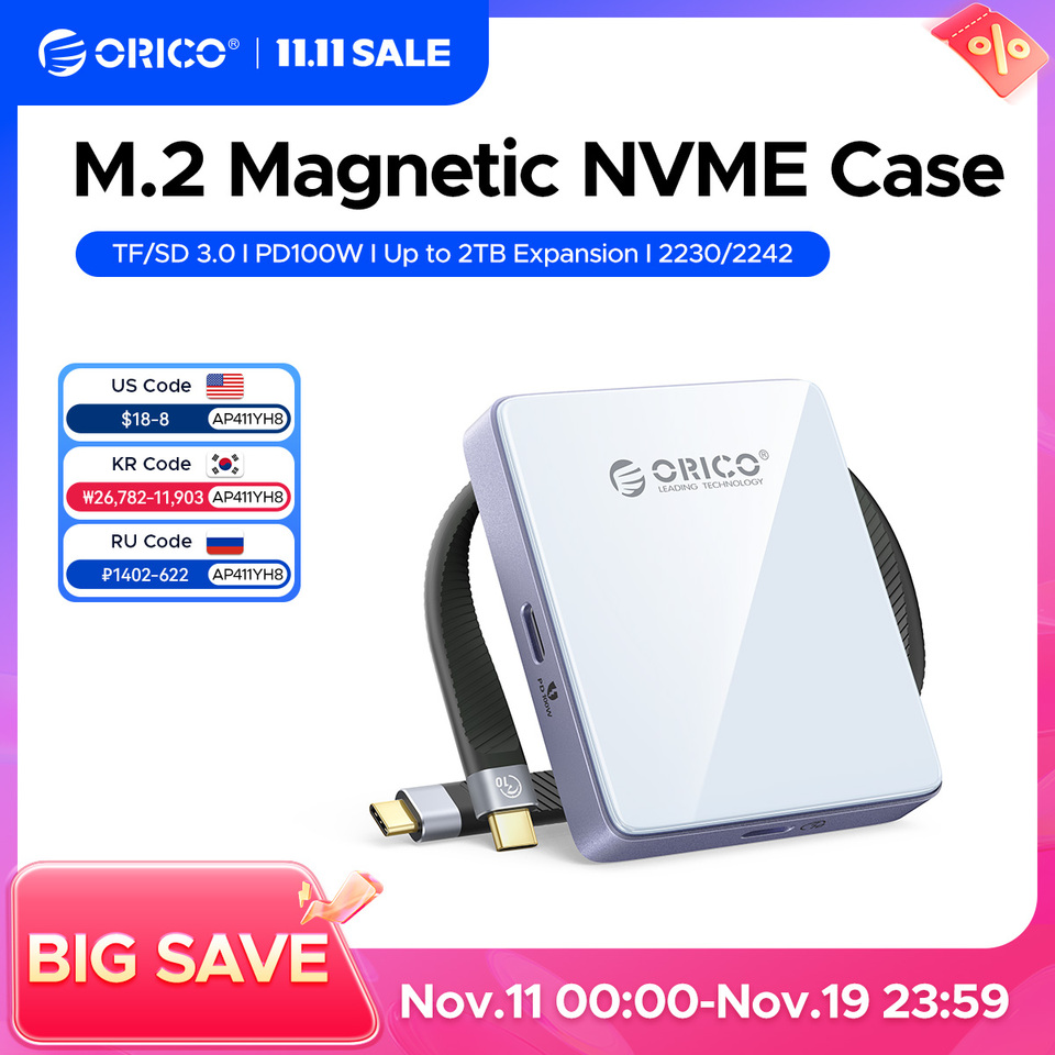  ORICO External SSD Case M.2 NVMe Magnetic SSD Enclosure 2230 2242 Enclosure TF Card Reader with PD 100W 10Gbps for iPhone 16 17 