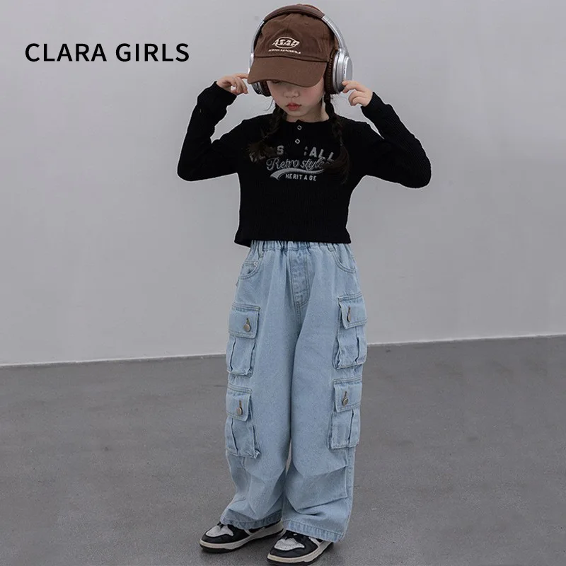 

Girls' American heavy industry retro denim work pants 2024 spring children's multi pocket wide leg straight leg casual pants