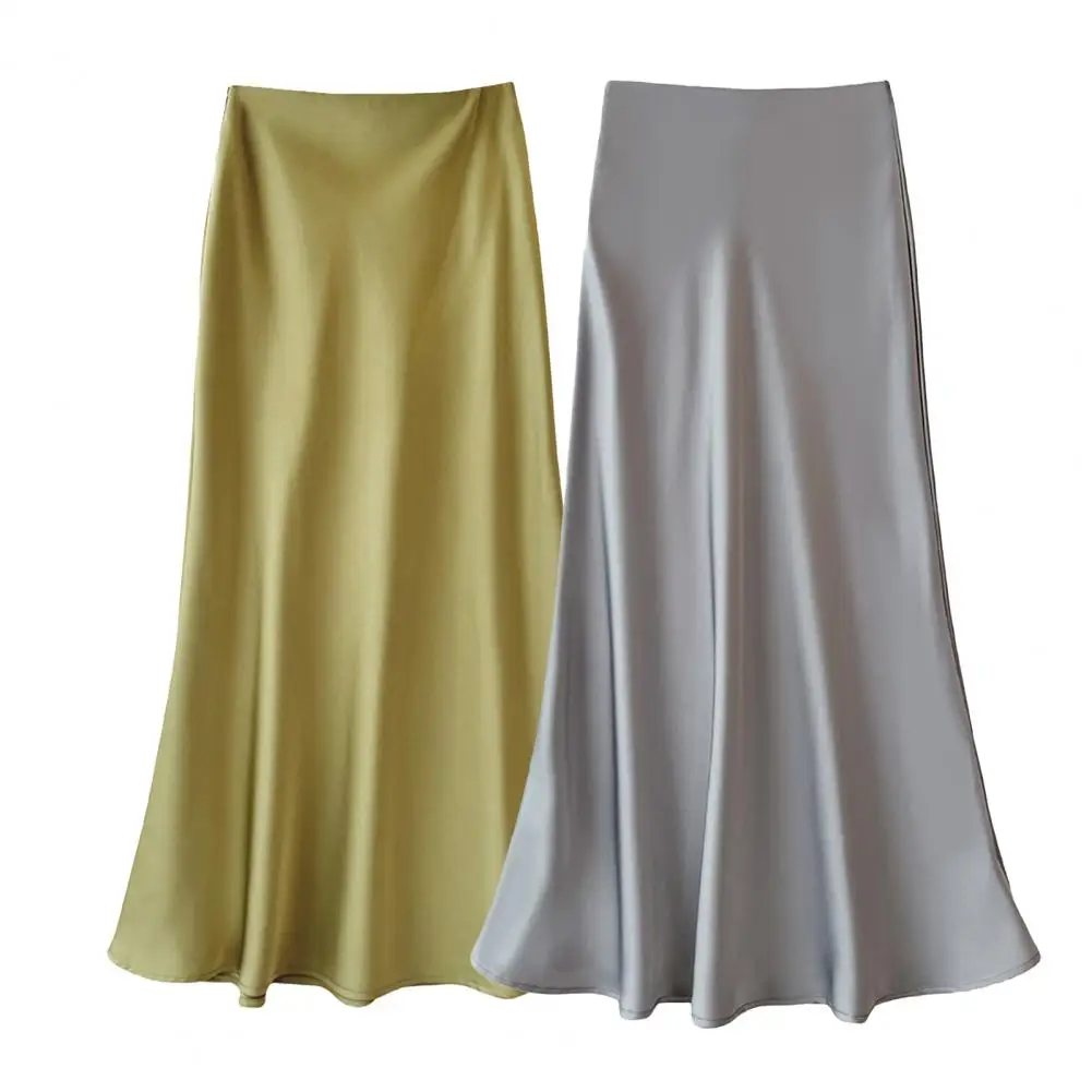 

Women High Waist Midi Skirt Elegant High Waist Satin Midi Skirt with A-line Fishtail Design Solid Color Hem Skirt for Women