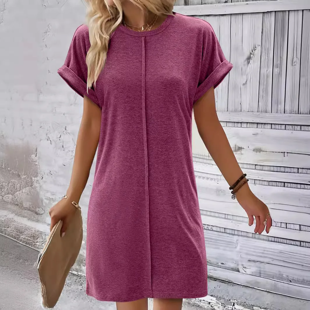 Women Solid Color Short Sleeve Mini Dress Summer Fashion