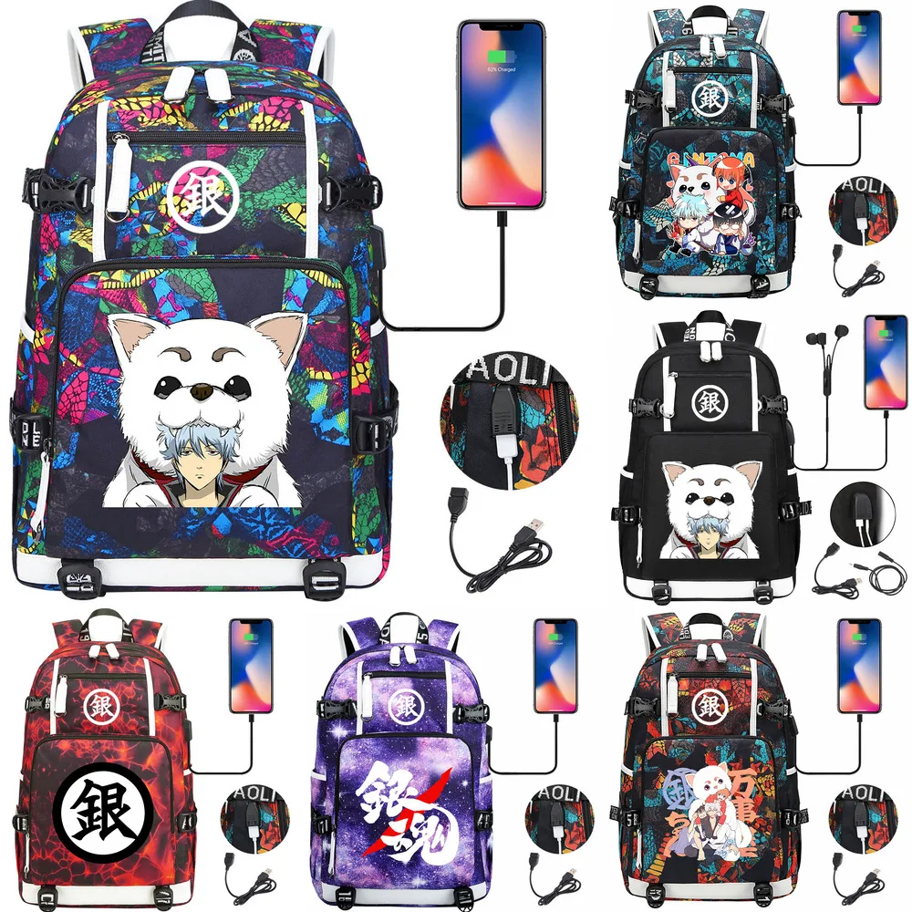 

New Anime Gintama USB Backpack Mochila Teenagers Schoolbags Women Men Rucksack Laptop Travel Backpacks Shoulder Outdoor Bags