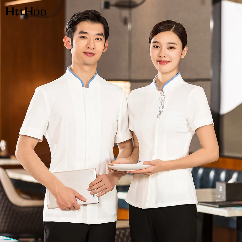 Embroidery Custom Logo Women Restaurant Waiter Uniform Western Hotel Slim Work Shirt Men New