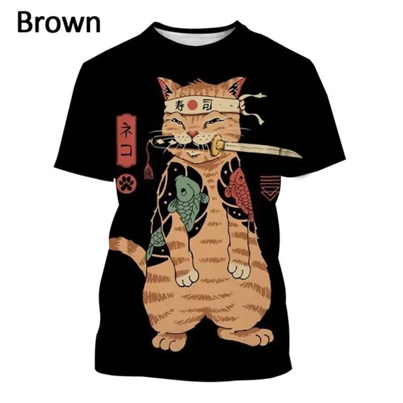 

Новая футболка в японском ретро стиле с 3D принтом самурайского кота, забавная Мужская и женская футболка с коротким рукавом и круглым вырезом, одежда для улицы, графика