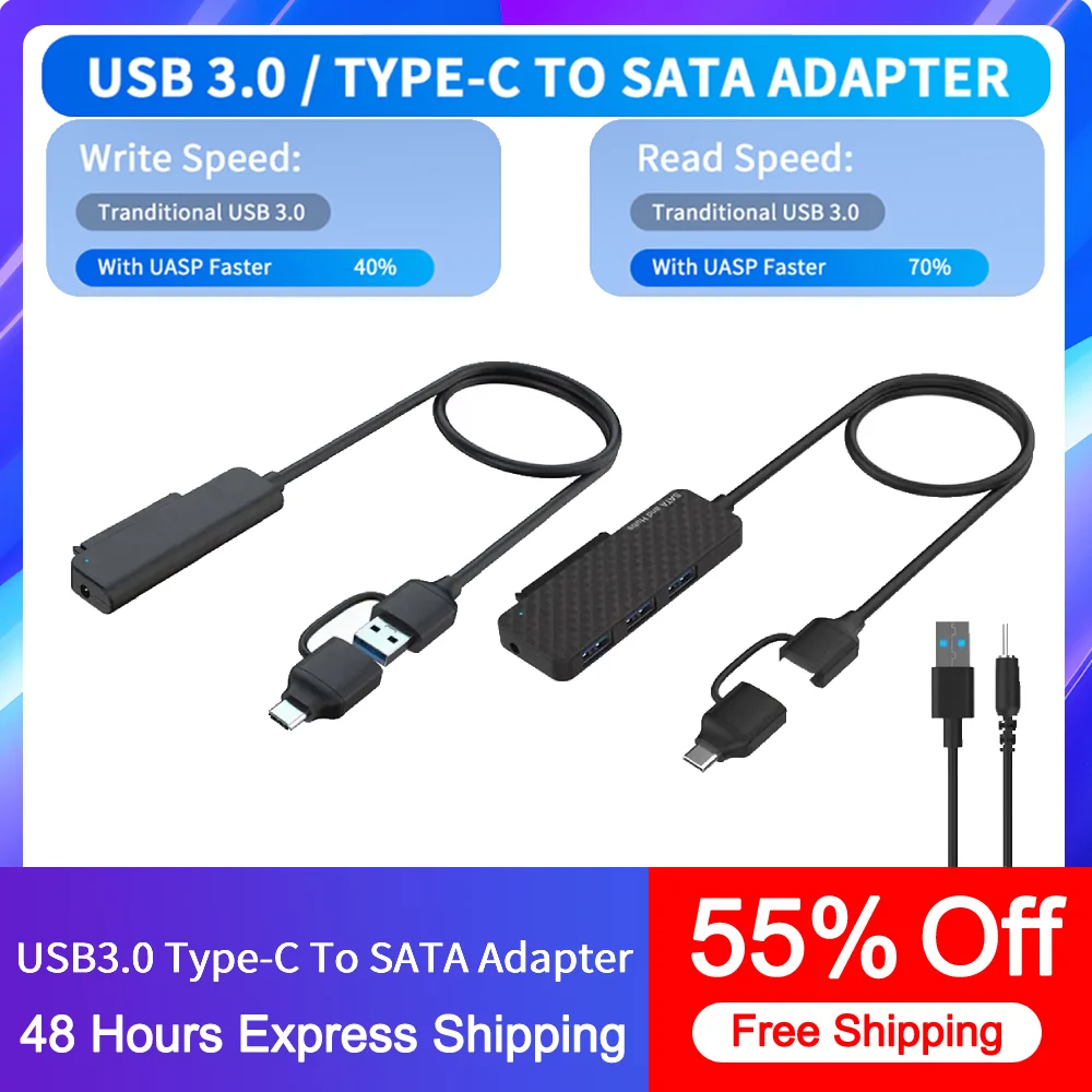 Адаптер USB3.0 Type-C на SATA, внешний конвертер 22Pin SATA, переходник для HDD SSD, сплиттер, адаптер «подключи и работай» для 2,5-дюймового SSD HDD