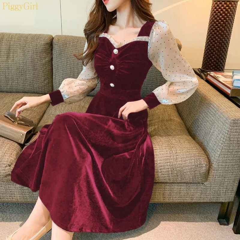 

PiggyGirl-French Retro Velvet Dress Women's Long Spring Dress New Hepburn Wind Light Luxury Temperament Skirt Women Tide