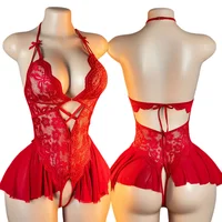 Lingerie rouge à col suspendu, Costume érotique pour adulte, soutien-gorge en V profond, sous-vêtements de femme sans entrejambe, robe ouverte de nuit sexuelle, body, combinaison Sexy 1