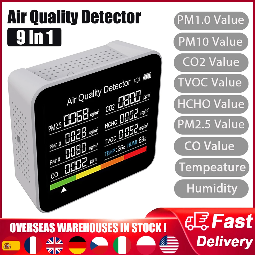 Tuya WiFi 10in1 Rilevatore Di Qualità Dell'Aria PM2.5 PM1.0 PM10 CO Tvoc Hcho Tester Tft Display Time Misuratore Di Temperatura Nero