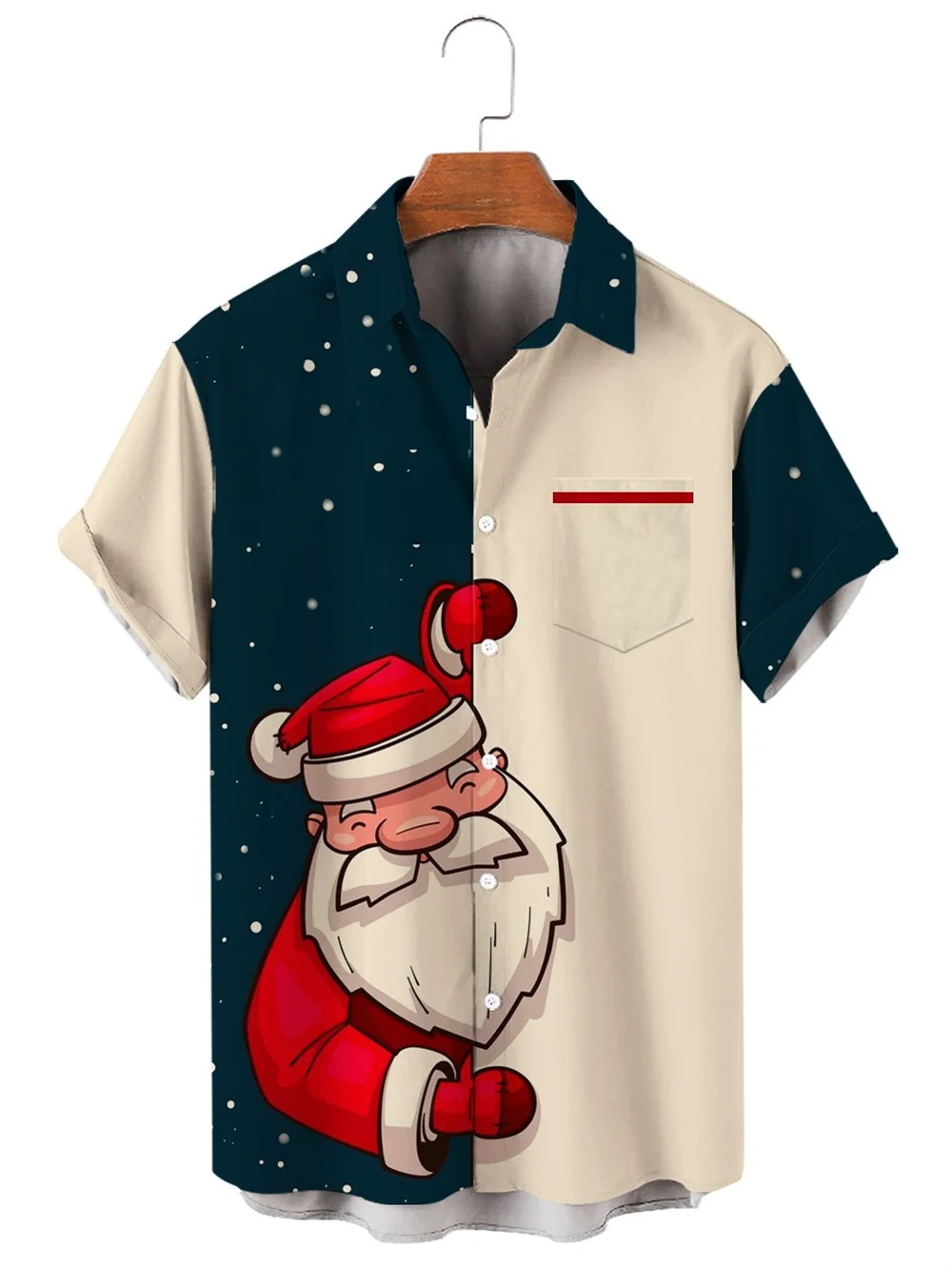 2023 New Christmas Party Men's Short Sleeve Cardigan Shirt Christmas Print Lapel Pocket Top High Quality Comfortable Soft Fabric 2