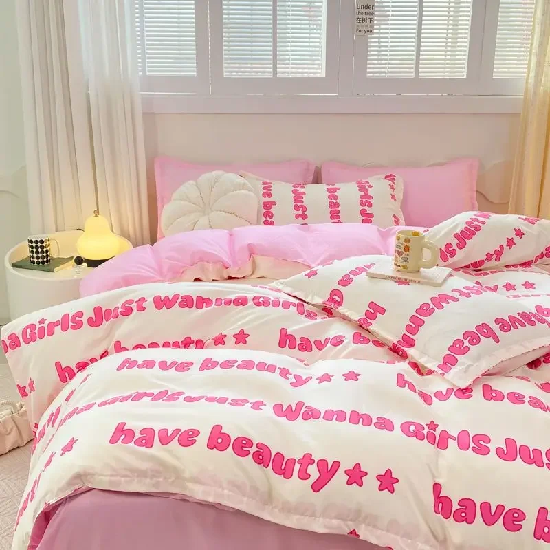 

Princess Style Bedding Set Girls Twin Queen Full Size Duvet Cover Set Bed Flat Sheet Pillowcase Kids Adult Pink Letter Bed Linen