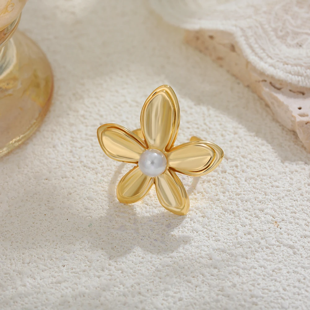 INS Hot Sale Flower Pearl Ring for Women Stainless Steel Texture Anti Allergic Pearls Open Rings High Quality Jewelry Gift 2025