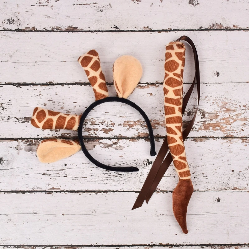 Animal Costume Set Leopard Giraffe Ear Headband Tail Halloween Cosplay Supplies