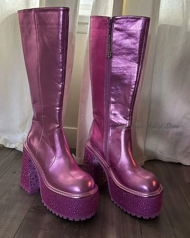 Pink Metallic Knee High Rhinestone Platform Boots Women