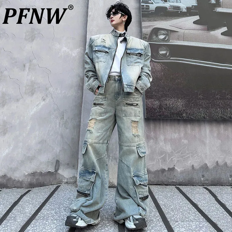 

PFNW мужской джинсовый костюм нишевой дизайн рваные стоячий воротник пэчворк мужские куртки с вырезами с несколькими карманами Обложка мужские джинсы Новинка 9C4664