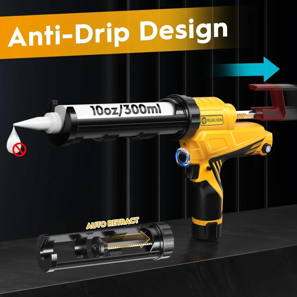 Caulk Gun Dripless Caulking Gun Electric Caulk Max 4000N Force 10oz/300ml Lightweight Cordless Battery Powered