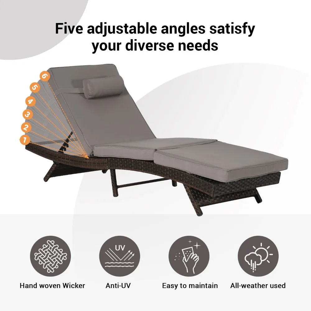 Outdoor Wicker Long Reclining Chair Set of 2 ,Chairs Recliner Up To 150° Beach Poolside Garden, Wicker Reclining Lounge Chair 6