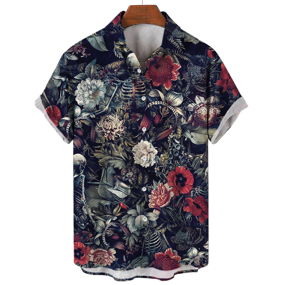 2023 Summer Skull Head 3D Printed Pattern Shirt Hawaiian Men's Retro 5xl Large Casual Dress Comfortable Breathable Short Sleeve