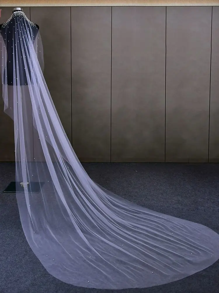 Bridal Veil Elegant Pearls 1 Tier Beaded Wedding Veil For Bride Simple Cathedral Length With Comb v180