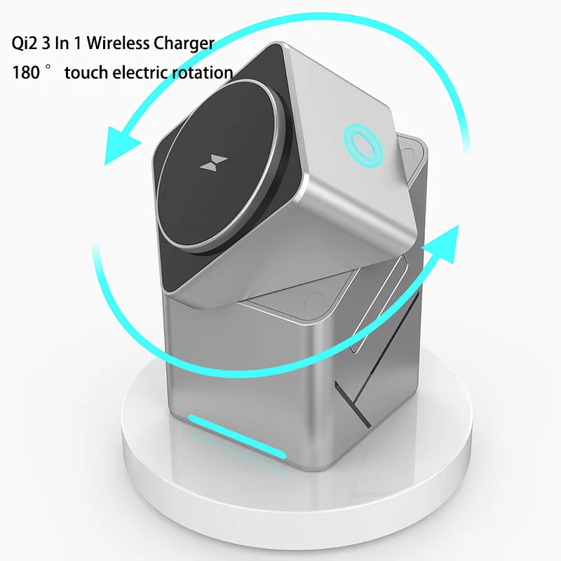 Support de chargeur sans fil magnétique rotatif Qi2 3 en 1 15 W pour iPhone 16 15 14 13 12 Max, iWatch, Airpods, station de charge rapide