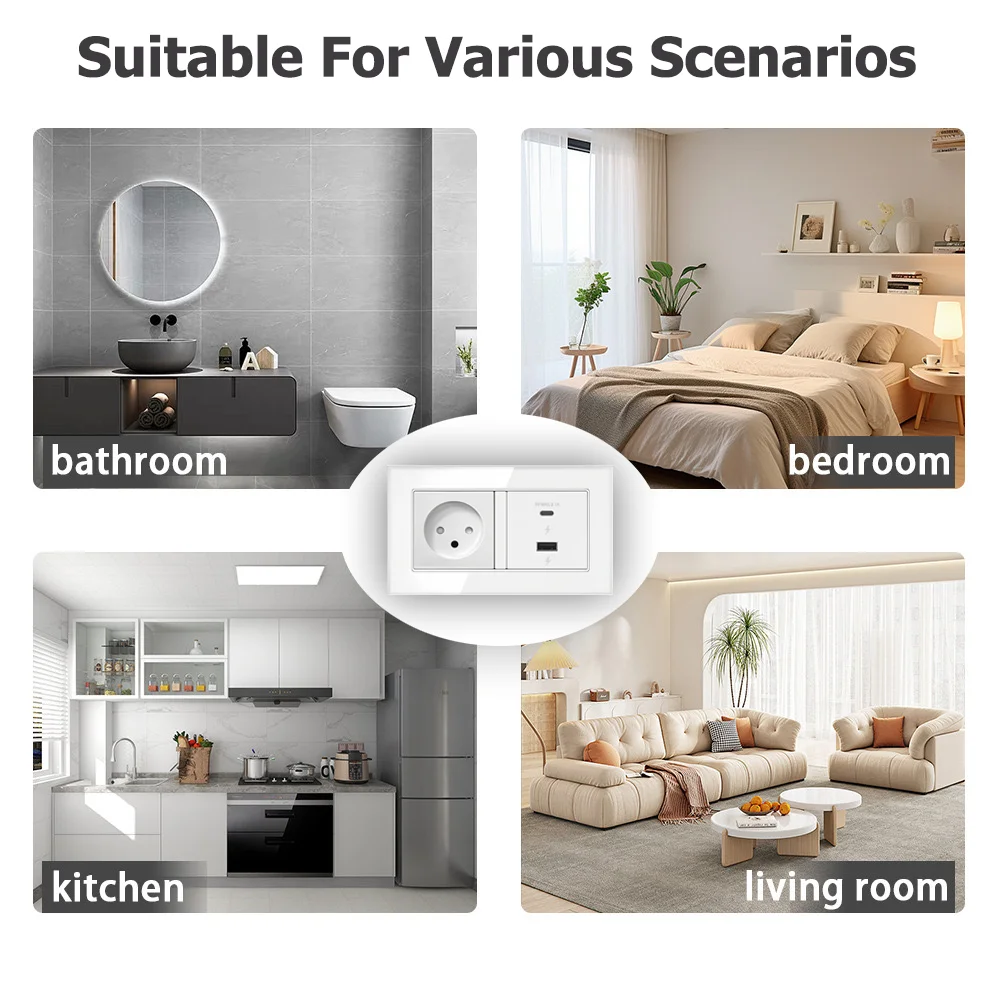 EIOMR 16A Israel Wall Power Socket,USB C USB A Charging Port,White Black Crystal Glass Panel Single Double Israel Type-C Socket — view 5