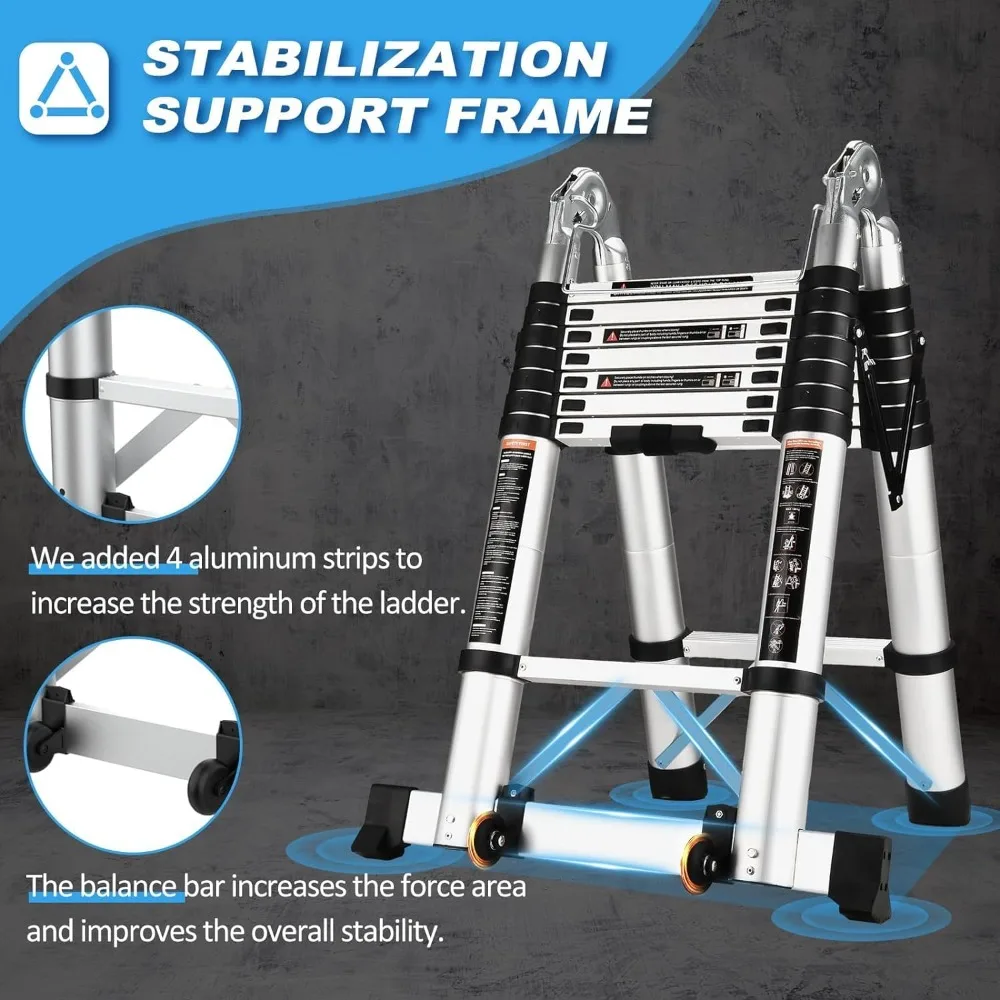 16.5 Ft Telescoping Ladder, A Frame Extension Ladder, Portable Collapsible RV Ladder with Wheels, Stabilizer Bar and Tool Tray