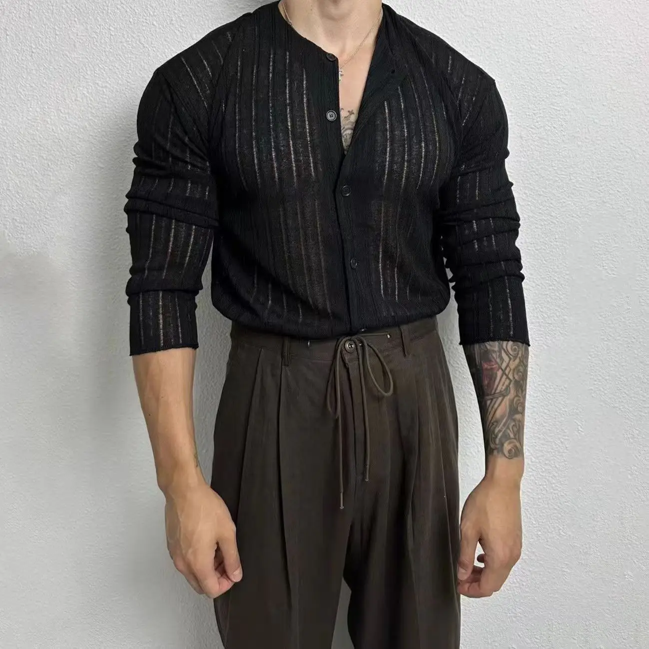 Large Size Men's Shirt V-neck Sexy Knitted Cardigan Solid Color Long Sleeve Hollow POLO Shirt Male Top