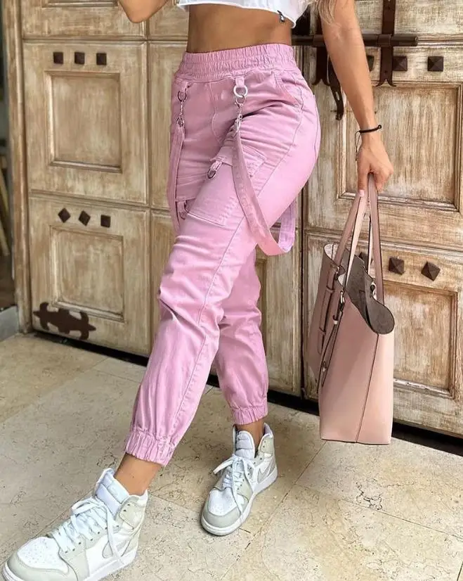 Pocket Design Cuffed Suspender Pants for Woman 2023 Summer New Casual Solid Color Fashion Versatile Skinny Cargo Pants