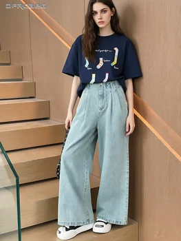 Light Blue Plus Size Straight Leg Jeans For Women Loose High Waisted Soft Fabric Loose Retro Washed Wide Leg Pants Lady