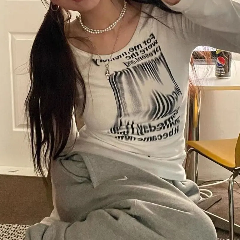 

Women's Clothing Spring Autumn Slim Printed T-shirt Letter Sweet Off Shoulder Pullovers All-match Long Sleeve Round Neck Tops