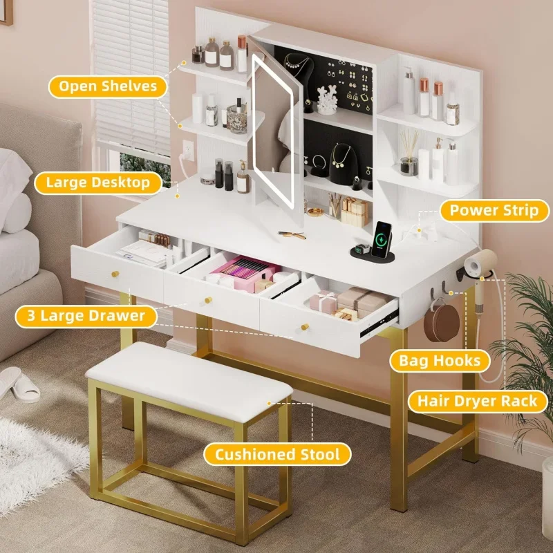 39.5 W Vanity Desk Set,Makeup Table Adjustable 3 Lights Modes, Vanity Table with Stool and Hidden Storage Shelves,for Girls Gift