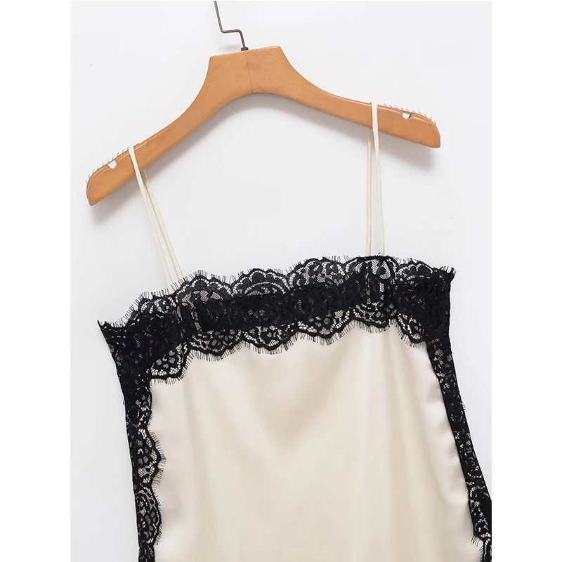 Lace Patchwork Sling Top Women Sexy Sleeveless Side Split Solid Color Vest 2025 New Summer Lady Party Vacation Short Tops ﻿