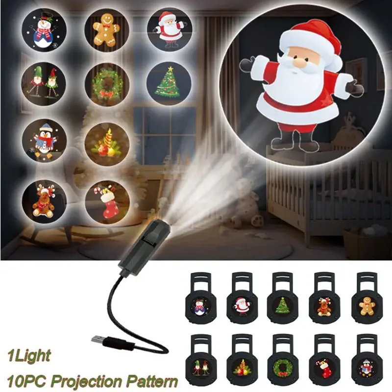 Christmas Deer Snowflake Switchable Pattern Projection Lamp USB Ambiance Night Light 360° Rotate for ChristmasGift Ceiling Decor