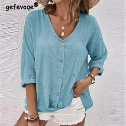 Women Vintage Simple Casual Streetwear Button Shirts Spring Autumn V Neck Long Sleeve Blouses Solid Loose Tops Y2K Ropa De Mujer