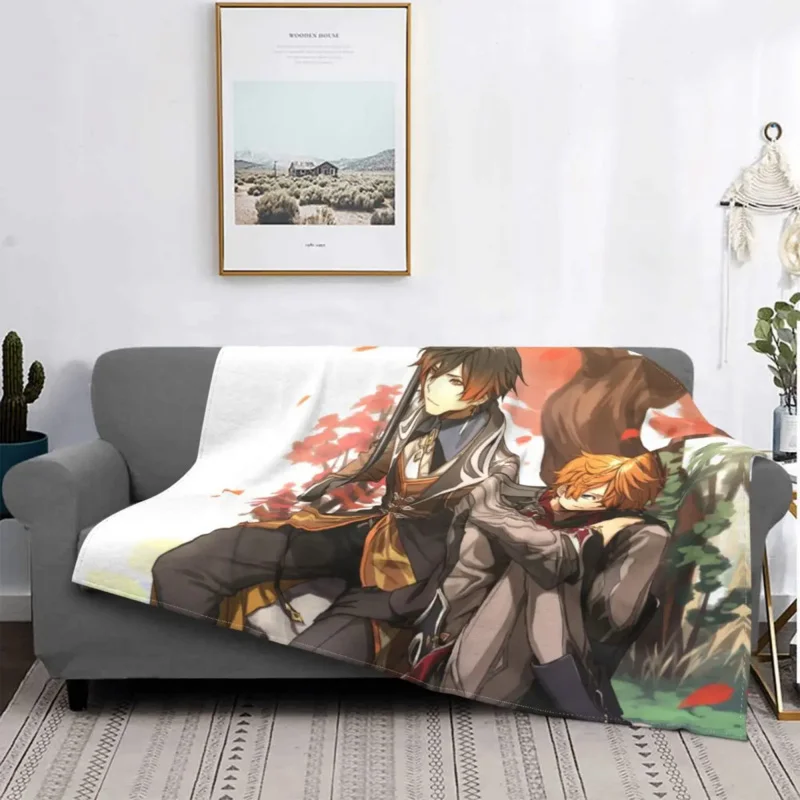 

3D Printed Zhongli And Tartaglia Genshin Impact Blanket Breathable Soft Flannel Autumn Manga Throw Blanket for Couch Car Bedding