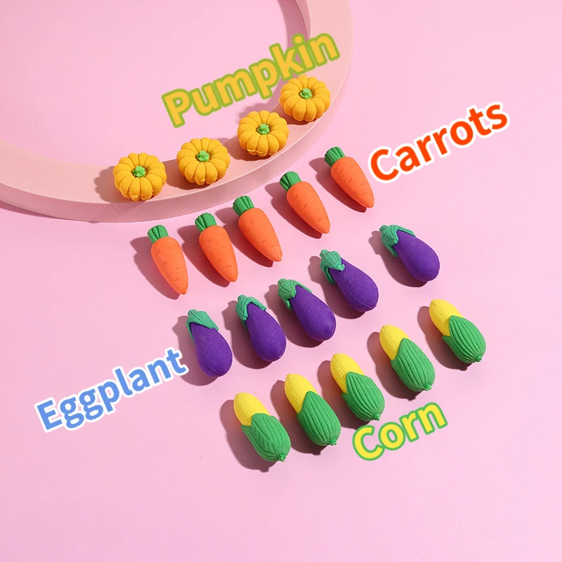 10Pcs/Lot Cute Vegetable Pencil Rubber 3D Kawaii Cartoon Pumpkin Corn Eggplant Carrot Erasers for Kids Stationery School Supplie 2
