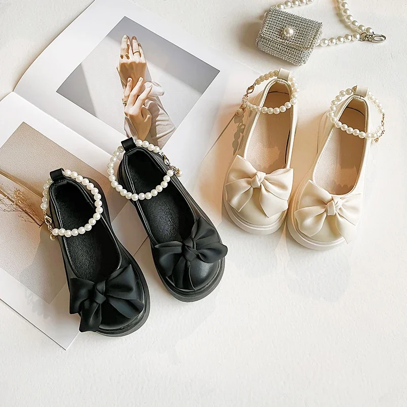 

Fashion Girl's Mary Janes Shallow Ribbon Bowtie Beading Strap Children Leather Shoes Party Black Beige Four Seasons Girl Shoes