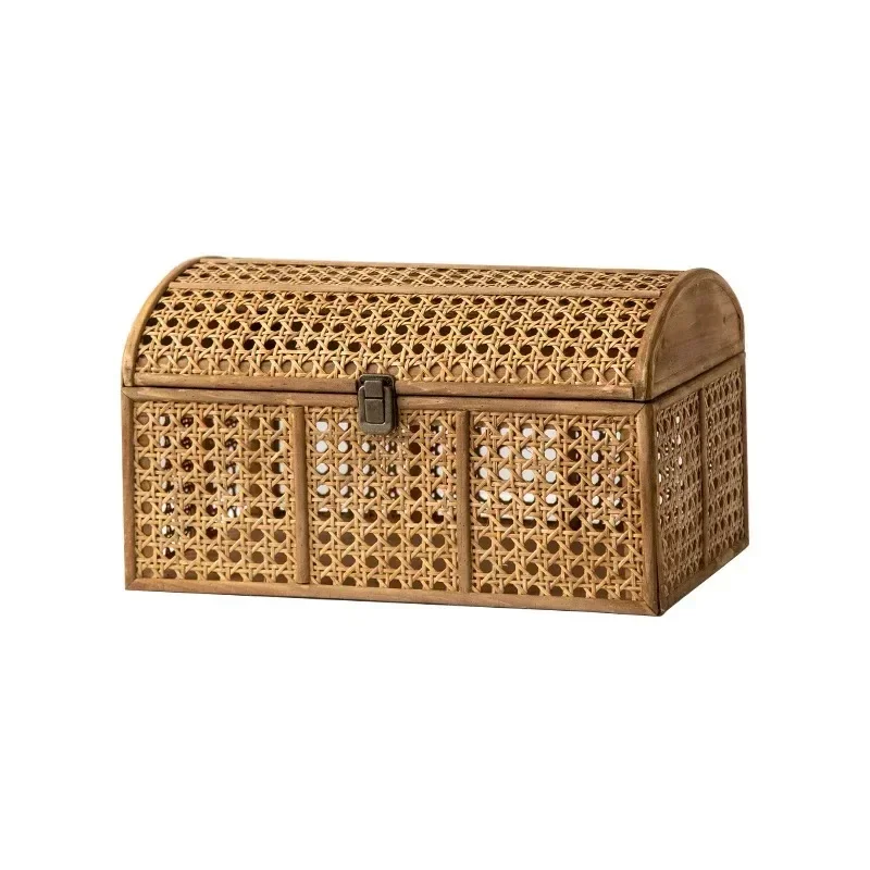 

Chinese rattan storage basket, clothes organizer, cosmetic box, vintage treasure chest with lid, large capacity snack container