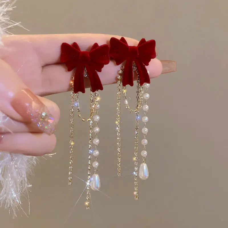 New Wine Red Velvet Rose Pearl Earrings for Women Vintage Red Rose Elegant High-end Studs Earrings Jewelry Accessories Gifts