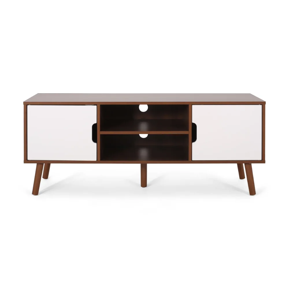

Noble House Yadiel Mid-Century Modern TV Stand with 2 Doors and 2 Shelves, Walnut, White