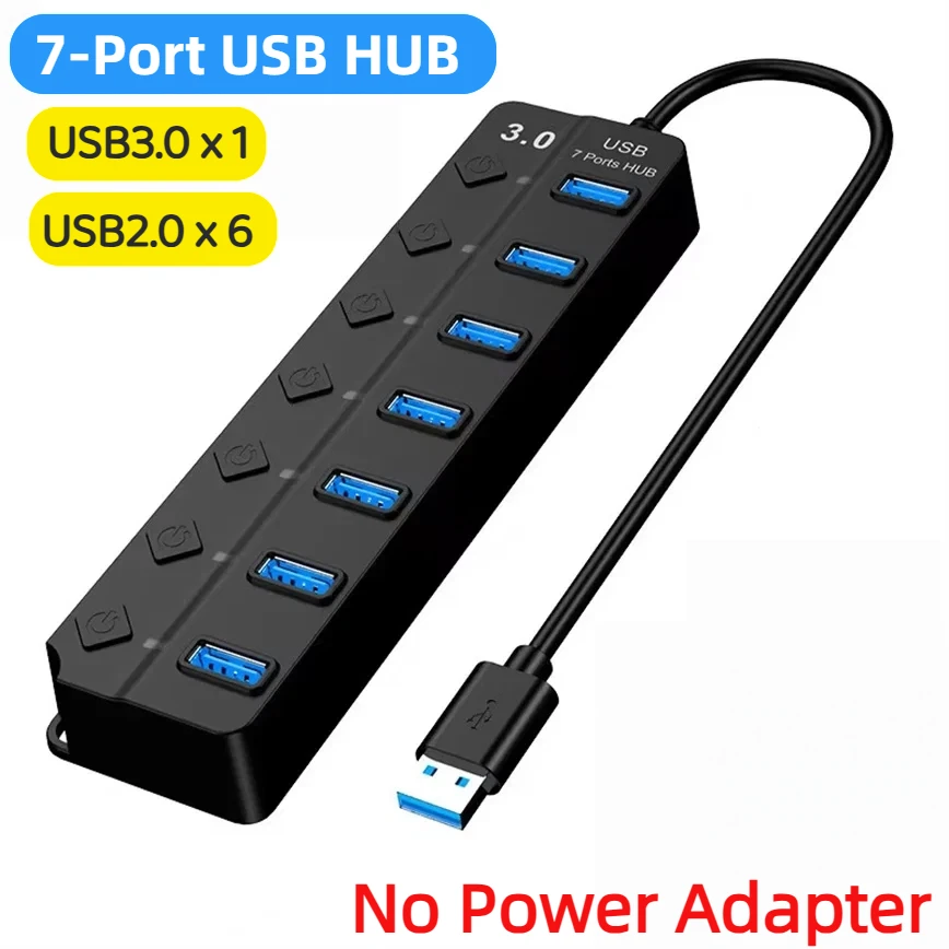 High-Speed 7-Port USB3.0 Hub with Individual Switches and LED Indicators