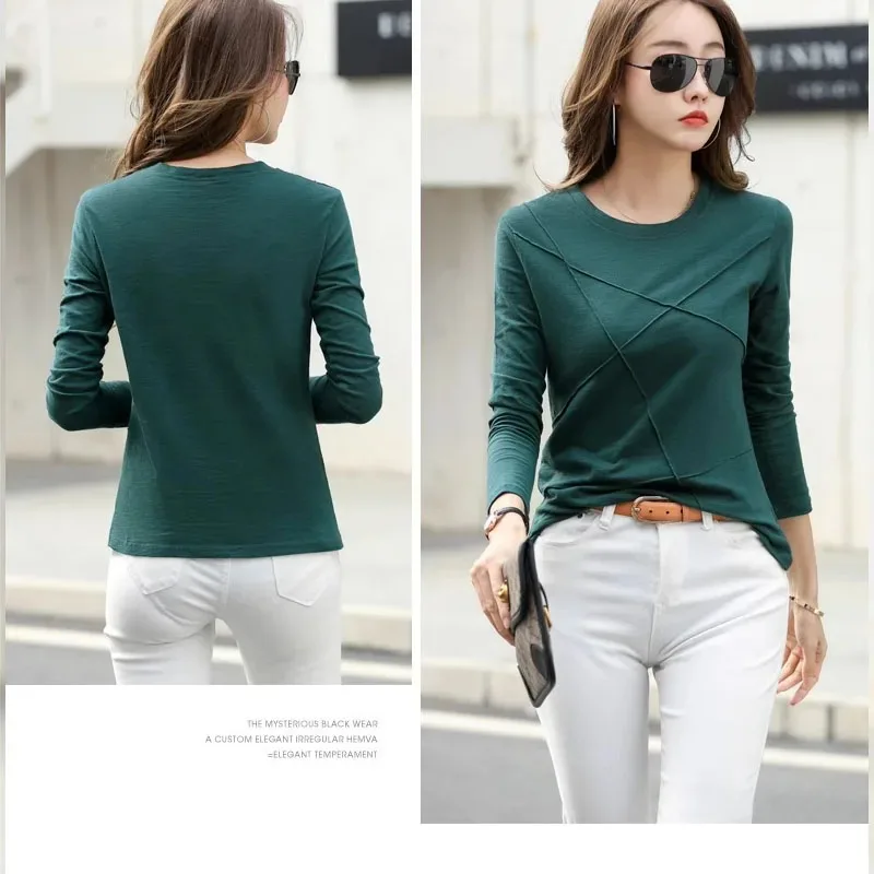 New Autumn Women's Clothing Crew Neck Long Sleeve T-Shirt Solid Color Fashion Checked Casual Bottom Shirt 17279