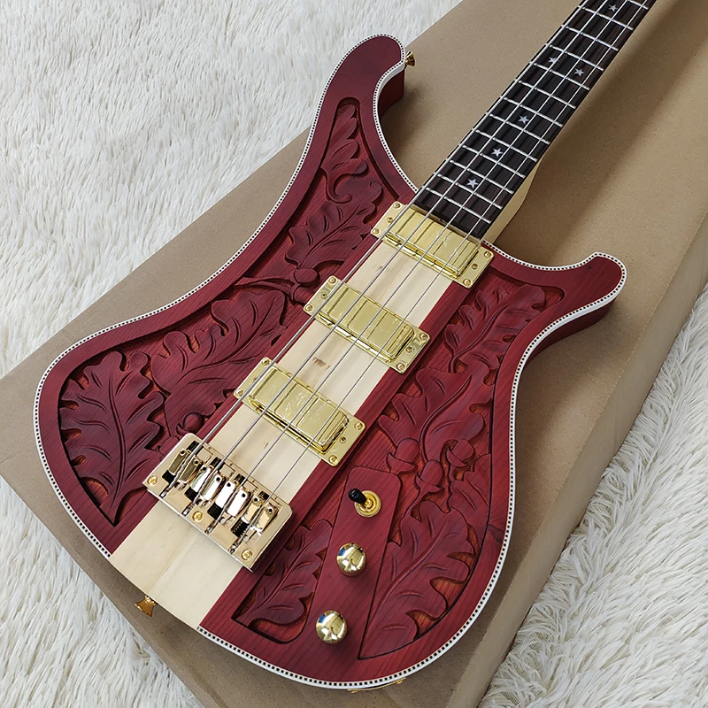 

This is a professional electric bass guitar with a red carved body and beautiful voice. It is free to mail home