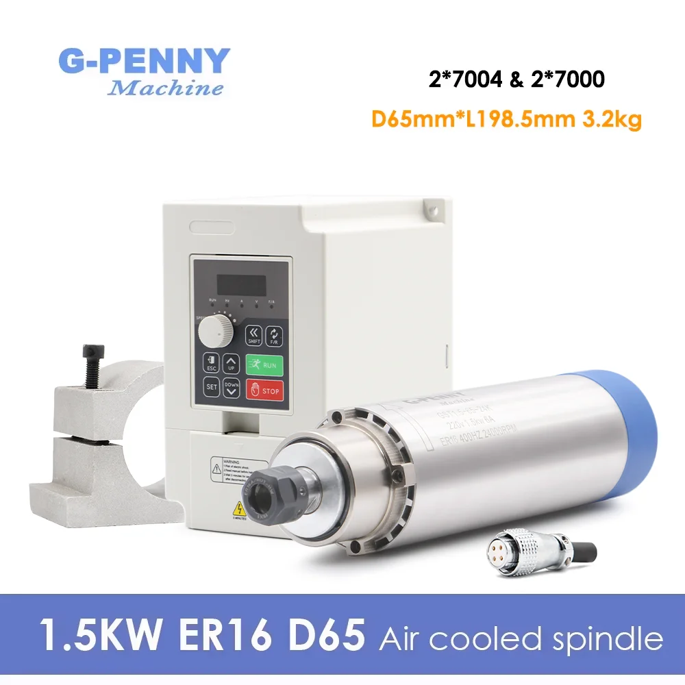 G-Penny 220V 1,5kW ER16 65mm luftgekühlter Spindelmotor für CNC-Holzbearbeitung und 1,5kW H100 Wechselrichter und 65mm Halterung