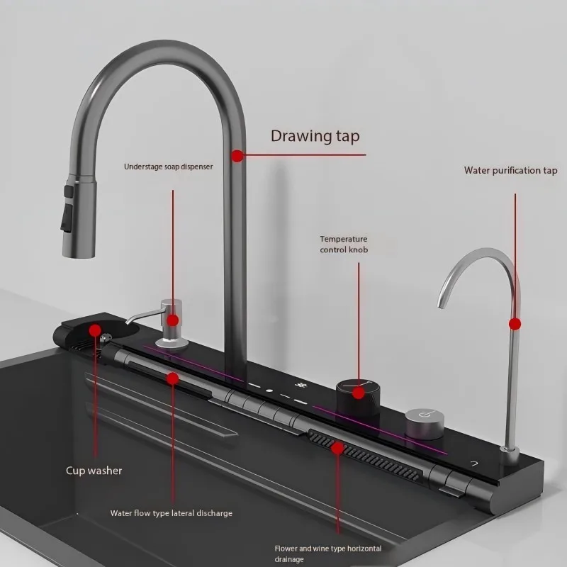 Dragon Honeycomb 304 Stainless Steel Kitchen Sink Big Size Embossed Knife Holder Piano Digital Display Waterfall Kitchen Sink 5